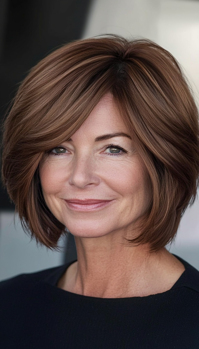 13. Bob with Feathered Layers - Chestnut Brown (Bob Hairstyles For Women Over 50) - Bob Hairstyles For Women Over 50