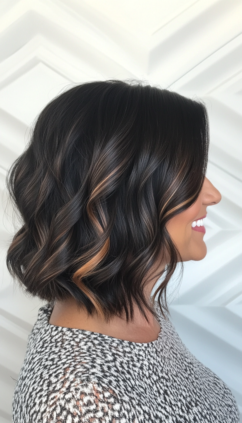15. Wavy Bob with Caramel Balayage - Black (Bob Hairstyles For Women Over 50) - Bob Hairstyles For Women Over 50