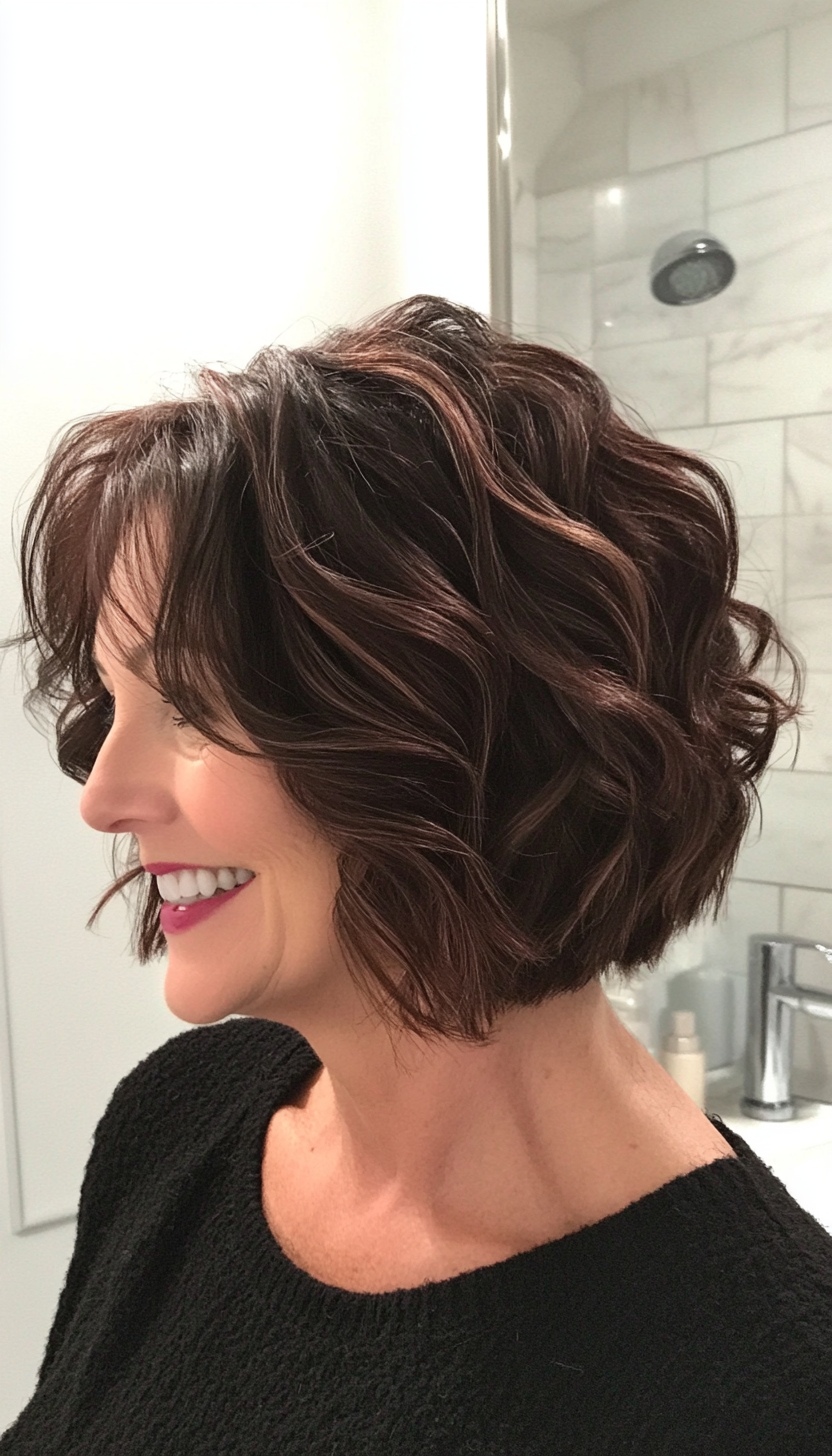 16. Layered Bob with Natural Curls - Dark Auburn (Bob Hairstyles For Women Over 50) - Bob Hairstyles For Women Over 50