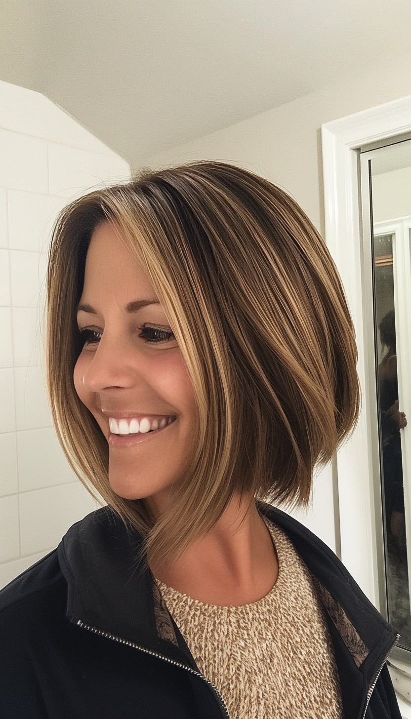19. Angled Bob with Highlights - Sandy Brown (Bob Hairstyles For Women Over 50) - Bob Hairstyles For Women Over 50