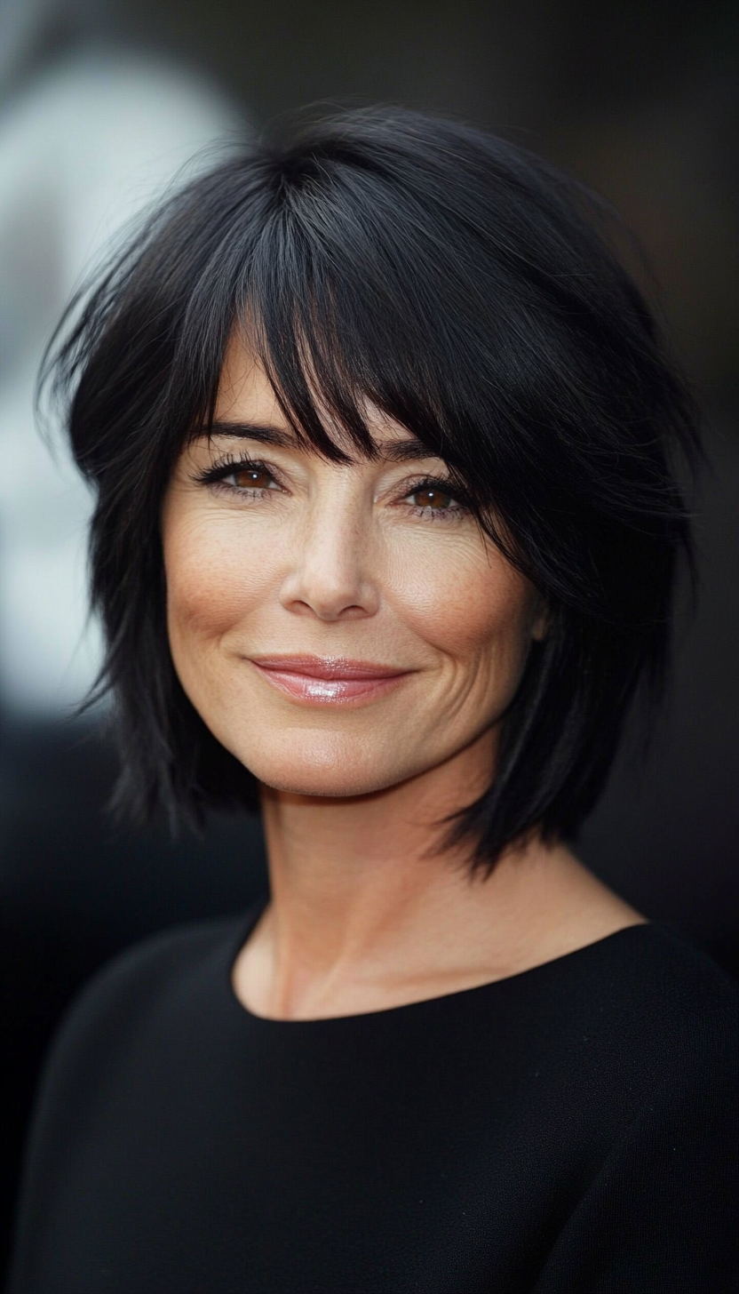 21. Choppy Bob with Side Bangs - Soft Black (Bob Hairstyles For Women Over 50) - Bob Hairstyles For Women Over 50