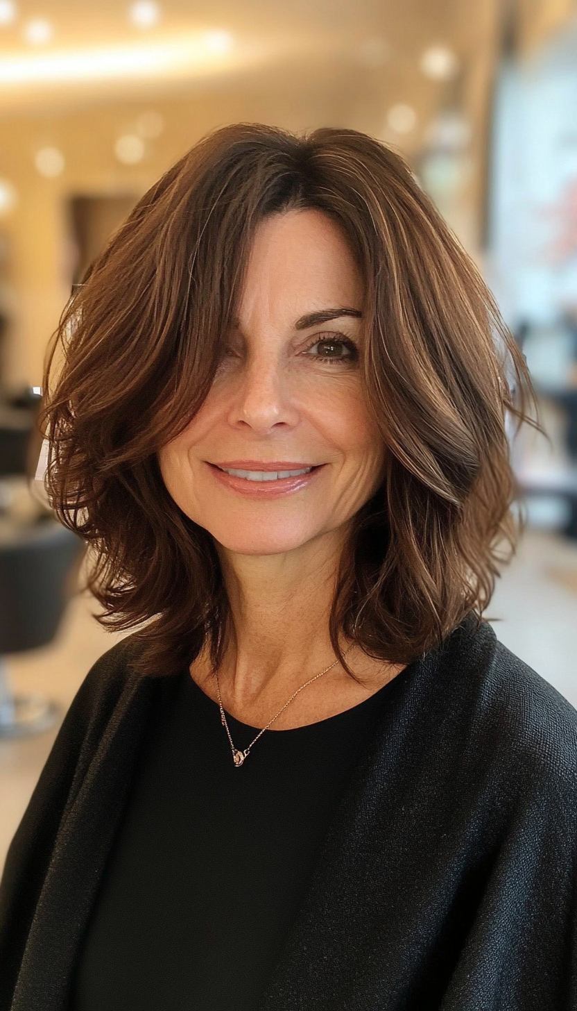 22. Lob with Beachy Waves - Caramel Brown (Bob Hairstyles For Women Over 50) - Bob Hairstyles For Women Over 50