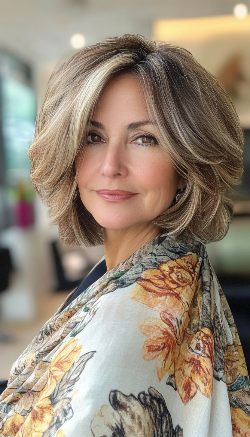 3. Angled Bob with Highlights - Light Brown (Layered Bob Haircuts For Women Over 50) - Layered Bob Haircuts For Women Over 50