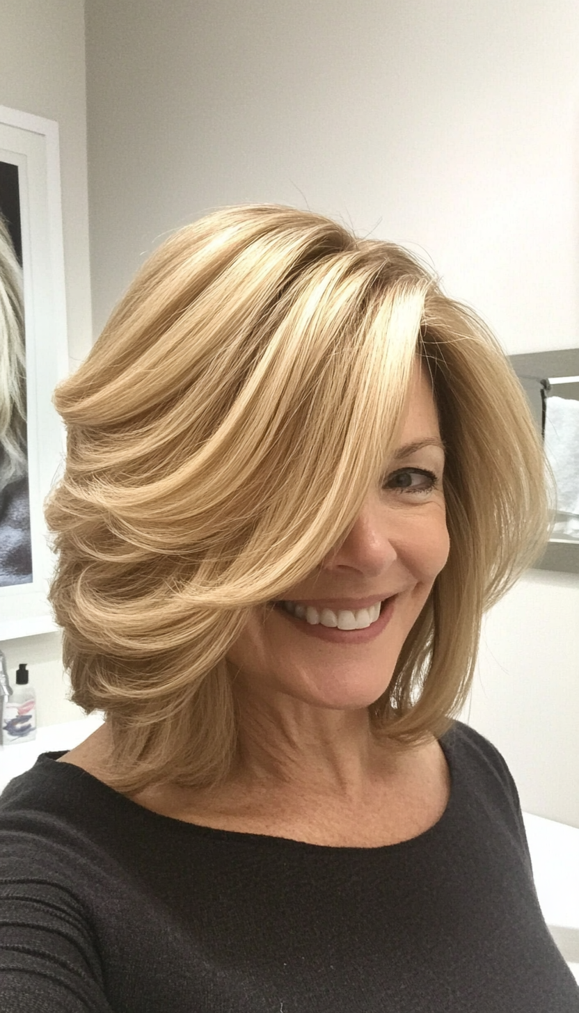 6. Side-Swept Bob - Golden Blonde (Layered Bob Haircuts For Women Over 50) - Layered Bob Haircuts For Women Over 50