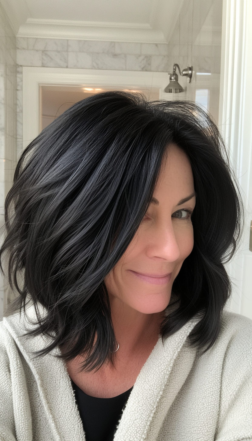 12. Textured Long Bob - Soft Black (Layered Bob Haircuts For Women Over 50) - Layered Bob Haircuts For Women Over 50