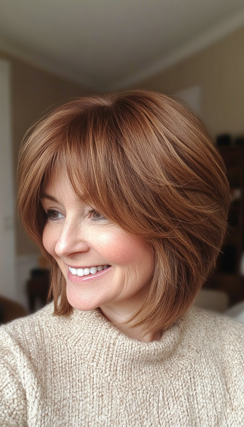 13. Layered Bob with Fringes - Warm Brown (Layered Bob Haircuts For Women Over 50) - Layered Bob Haircuts For Women Over 50