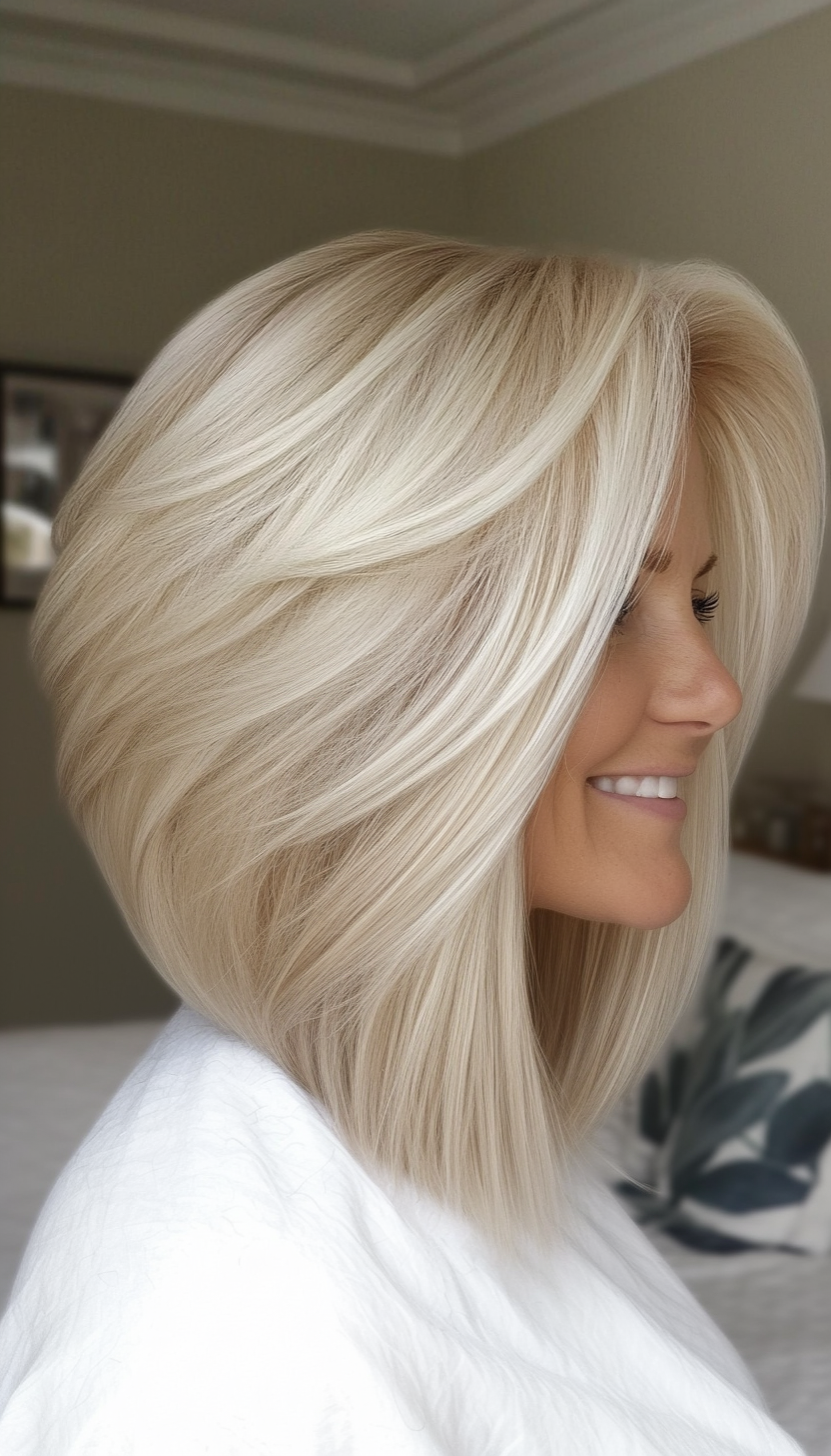 15. Feathered Bob - Platinum Blonde (Layered Bob Haircuts For Women Over 50) - Layered Bob Haircuts For Women Over 50