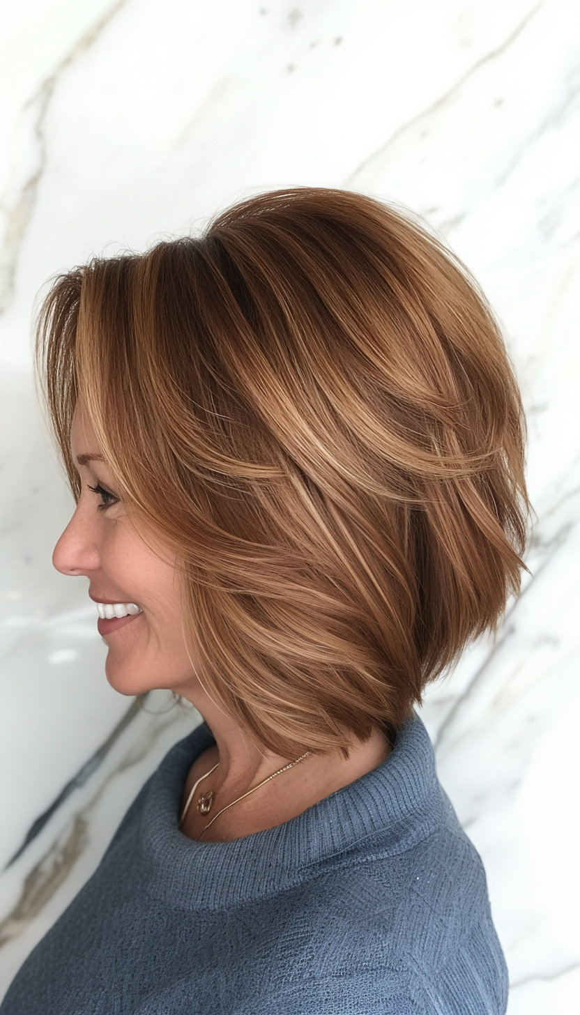 16. Modern Bob - Caramel Brown (Layered Bob Haircuts For Women Over 50) - Layered Bob Haircuts For Women Over 50