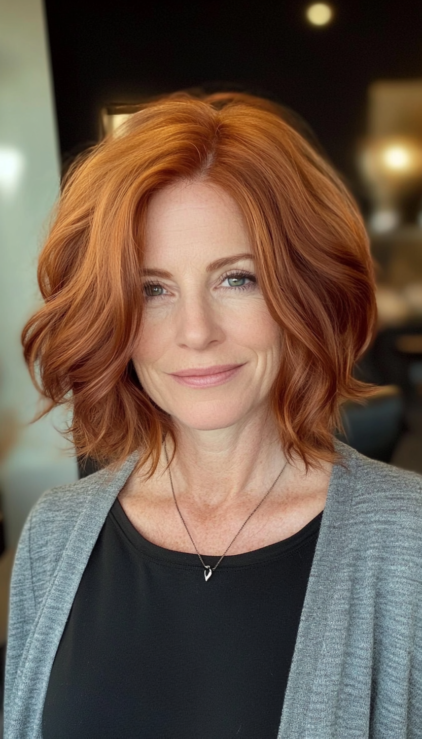 17. Layered Bob with Soft Waves - Auburn (Layered Bob Haircuts For Women Over 50) - Layered Bob Haircuts For Women Over 50