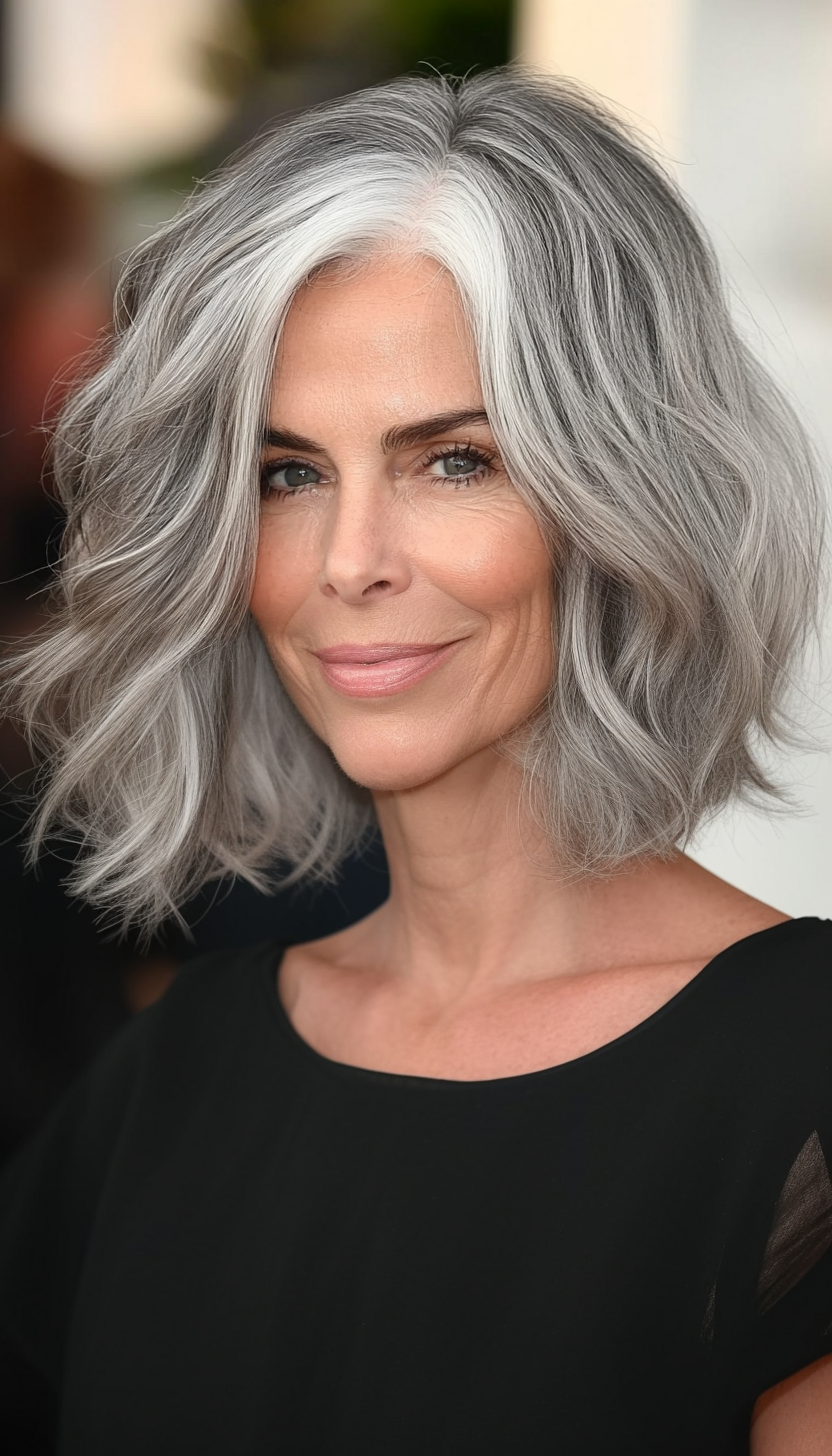 21. Wavy Bob - Salt and Pepper (Layered Bob Haircuts For Women Over 50) - Layered Bob Haircuts For Women Over 50