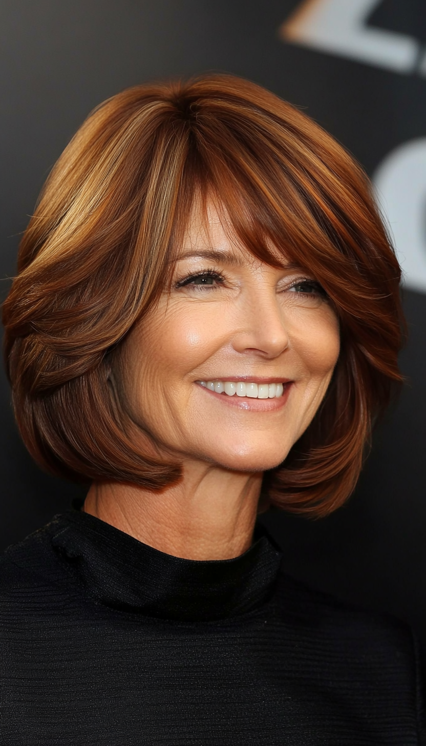 27. Layered Bob with Swooping Fringes - Soft Auburn (Layered Bob Haircuts For Women Over 50) - Layered Bob Haircuts For Women Over 50