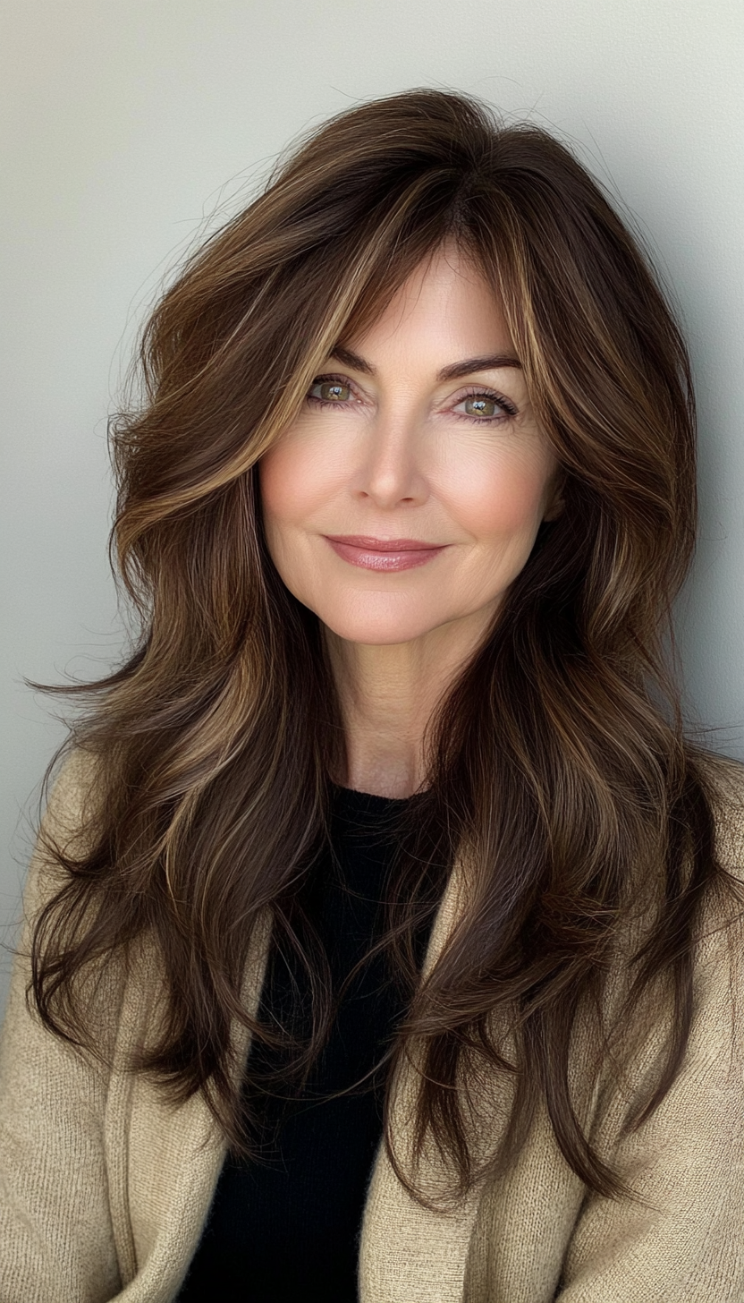 1. Feathered Layers in Warm Brown (Long Hairstyles For Women Over 60) - Long Hairstyles For Women Over 60