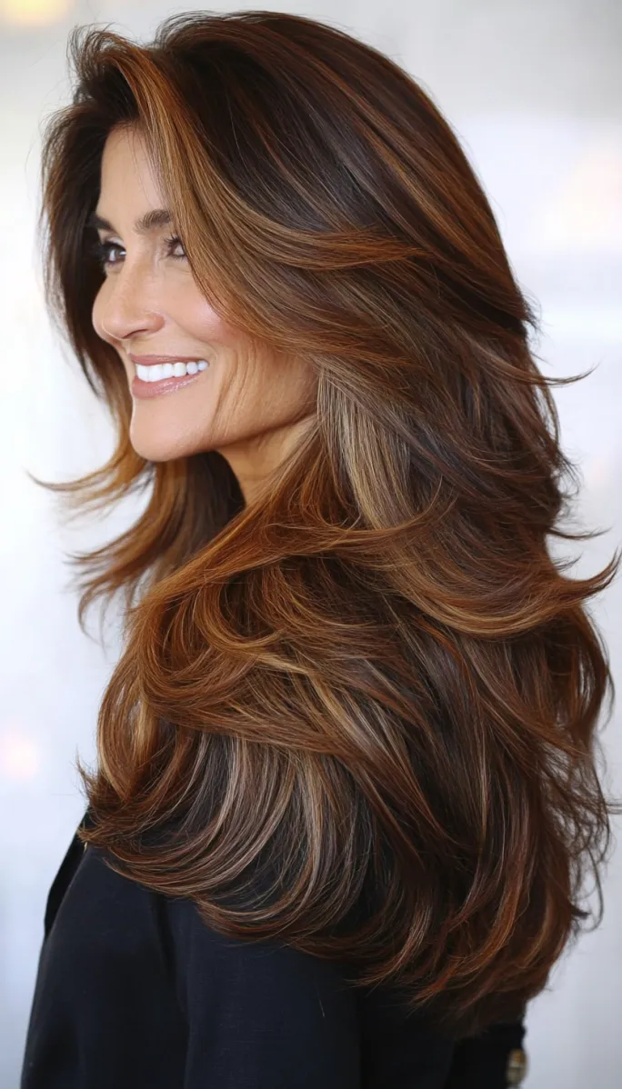 6. Long Shag with Subtle Highlights in Chestnut Brown (Long Hairstyles For Women Over 60) - Long Hairstyles For Women Over 60