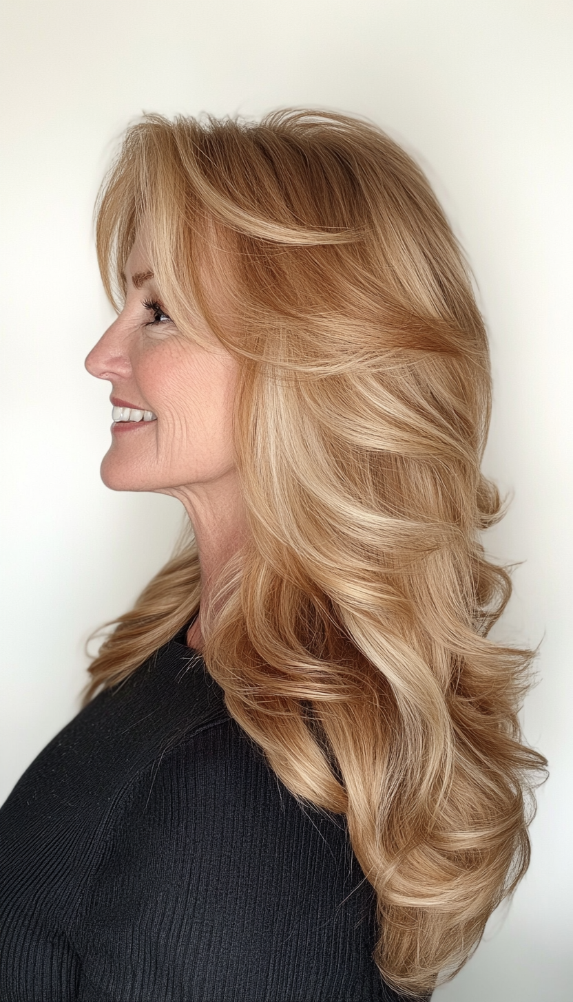 7. Curved Layered Ends in Golden Blonde (Long Hairstyles For Women Over 60) - Long Hairstyles For Women Over 60