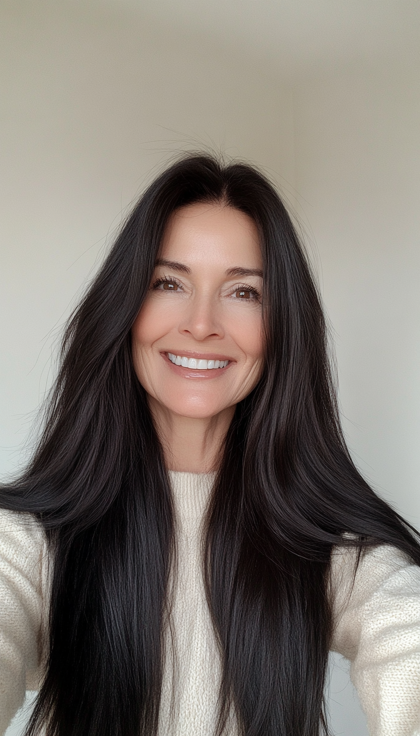 8. Classic Straight with Face-Framing Layers in Natural Black (Long Hairstyles For Women Over 60) - Long Hairstyles For Women Over 60