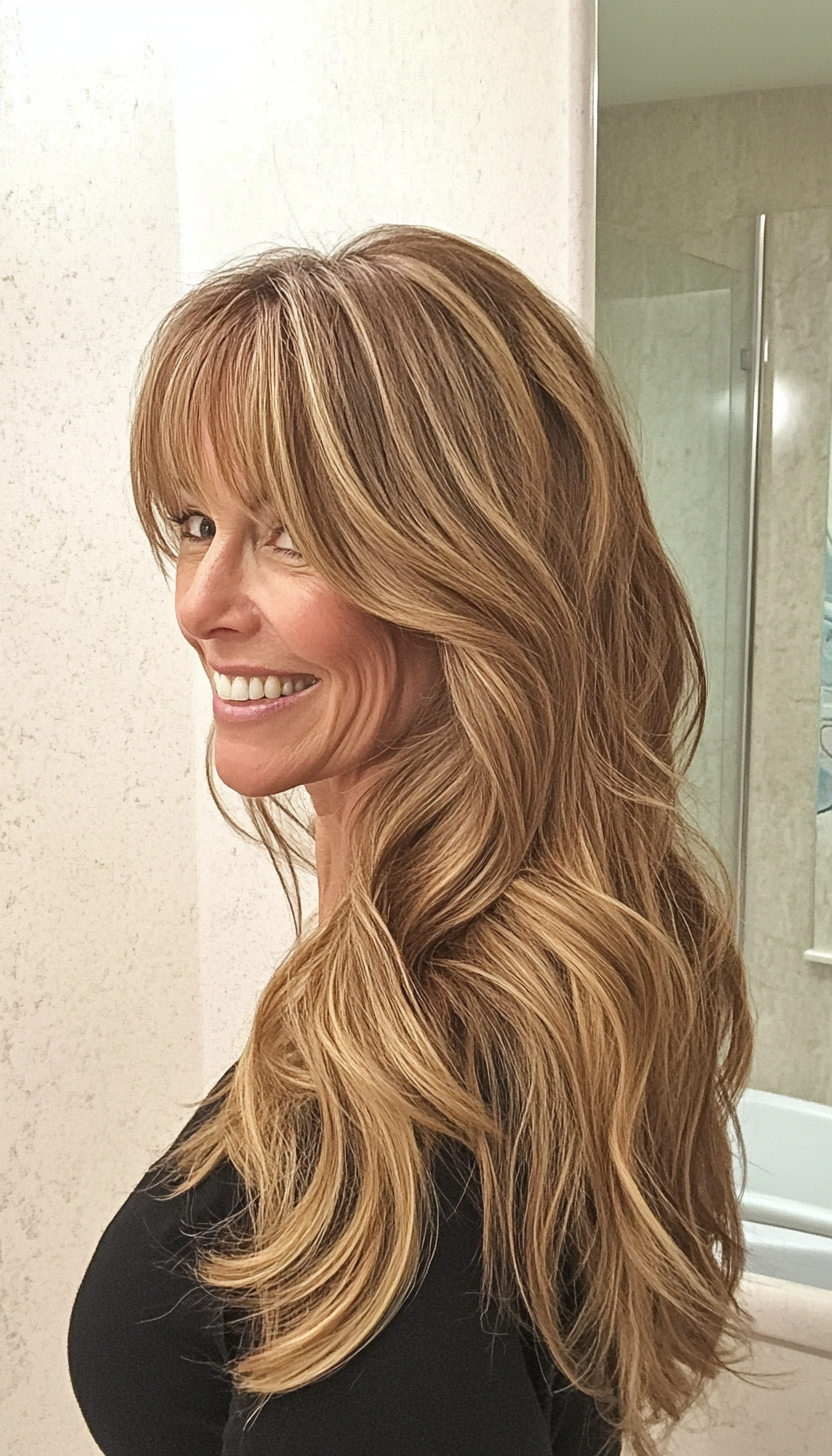9. Beachy Waves with Side Bangs in Honey Brown (Long Hairstyles For Women Over 60) - Long Hairstyles For Women Over 60