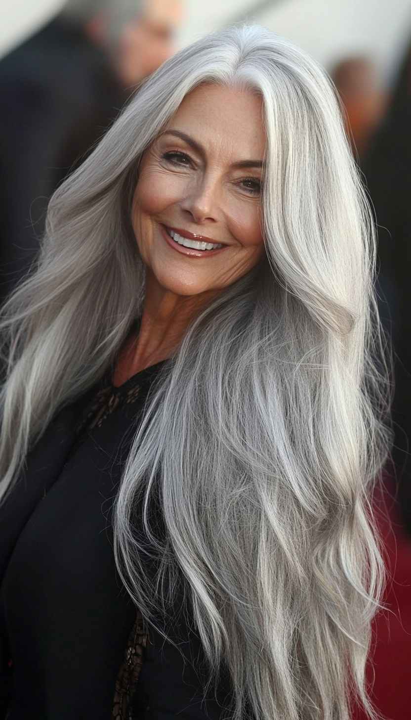 10. Flowing Layers with Silver Streaks (Long Hairstyles For Women Over 60) - Long Hairstyles For Women Over 60