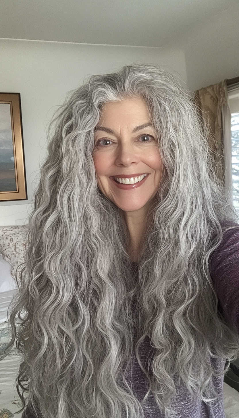 13. Long Textured Curls in Salt-and-Pepper Tones (Long Hairstyles For Women Over 60) - Long Hairstyles For Women Over 60