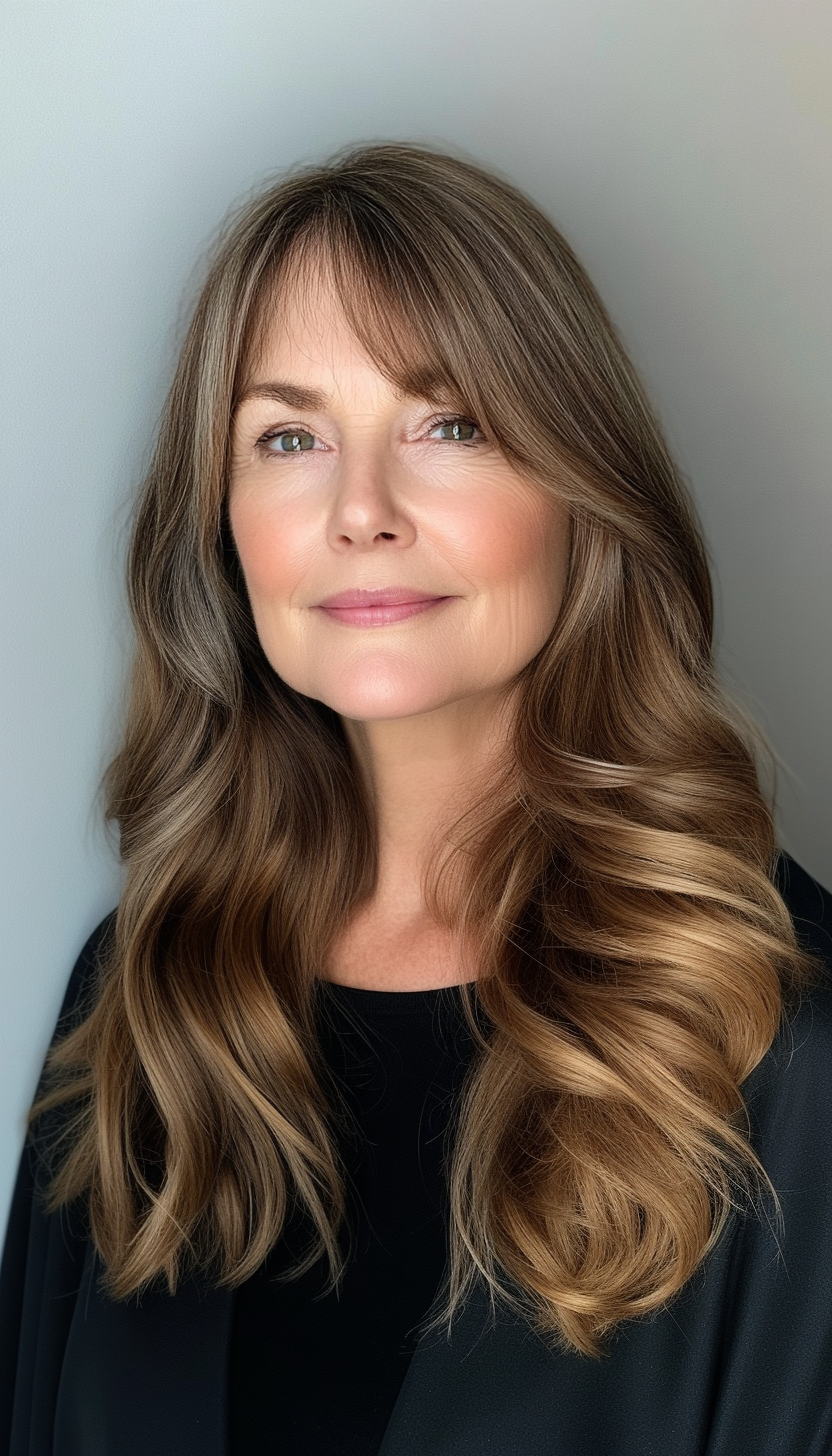 14. Straight Cut with Curtain Bangs in Light Brown (Long Hairstyles For Women Over 60) - Long Hairstyles For Women Over 60