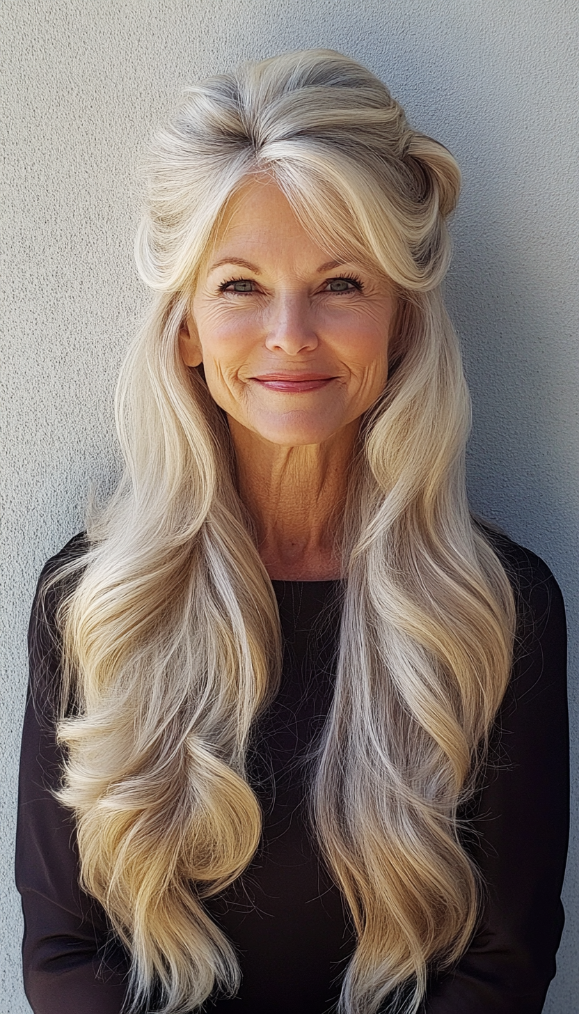 17. Half-Up, Half-Down in Sandy Blonde (Long Hairstyles For Women Over 60) - Long Hairstyles For Women Over 60