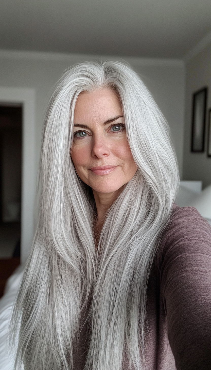 18. Layered Cut with Side Part in Silver Grey (Long Hairstyles For Women Over 60) - Long Hairstyles For Women Over 60