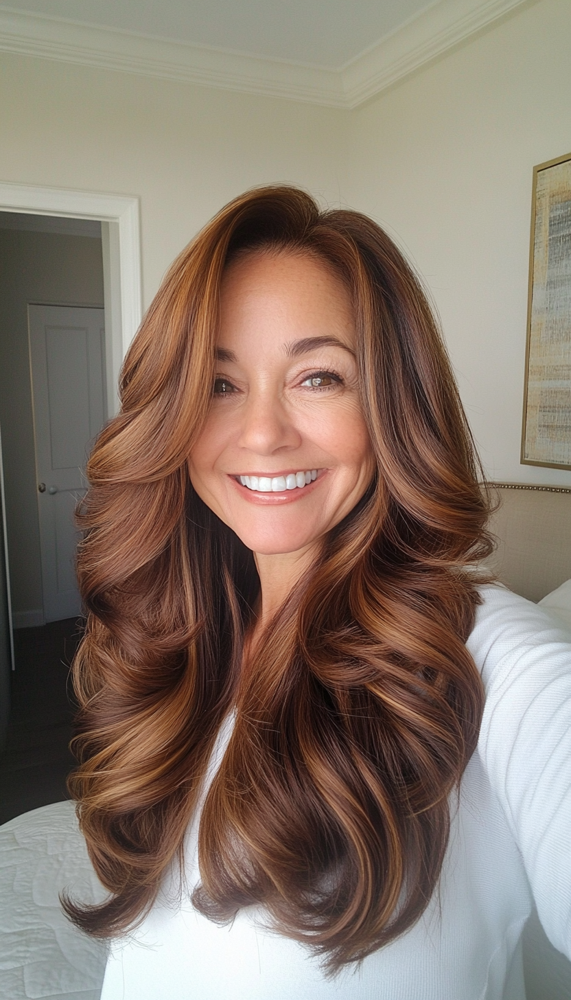 22. Classic Blowout in Warm Chestnut (Long Hairstyles For Women Over 60) - Long Hairstyles For Women Over 60