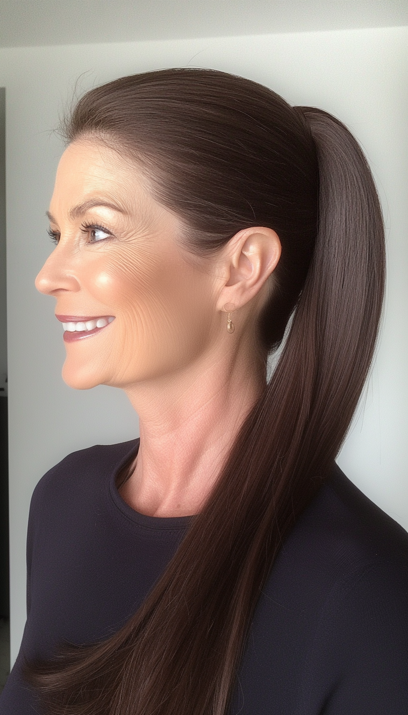 24. Elegant Low Ponytail in Dark Chocolate Brown (Long Hairstyles For Women Over 60) - Long Hairstyles For Women Over 60