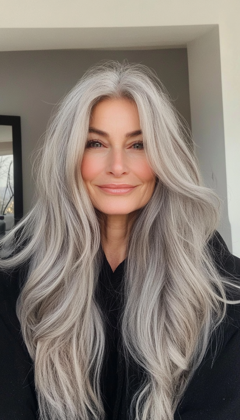 25. Soft Layers with Middle Part in Ash Grey (Long Hairstyles For Women Over 60) - Long Hairstyles For Women Over 60