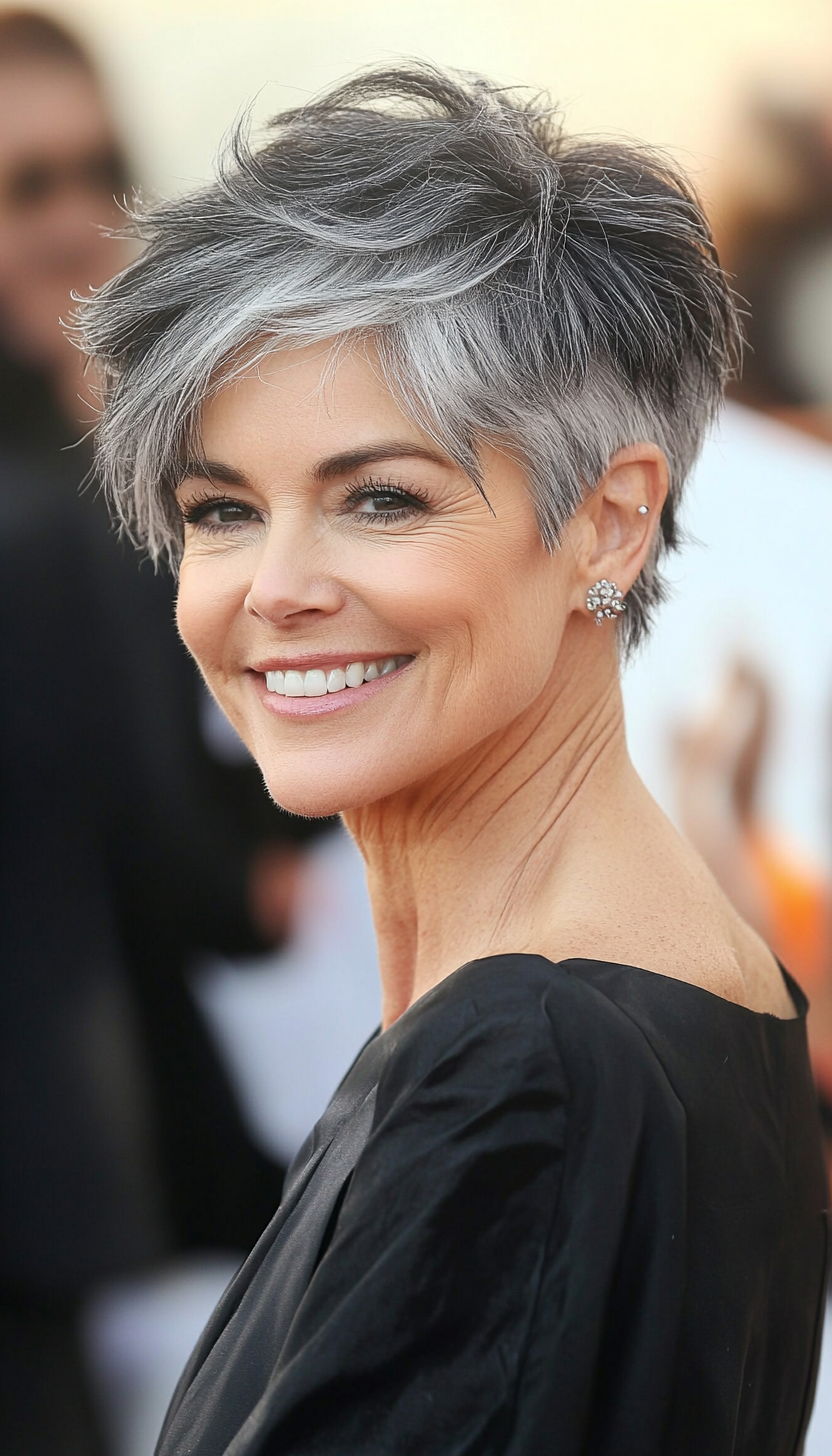 2. Feathered Pixie with Salt-and-Pepper Tones (Hairstyles For Women Over 50 With Thick Hair) - Hairstyles For Women Over 50 With Thick Hair
