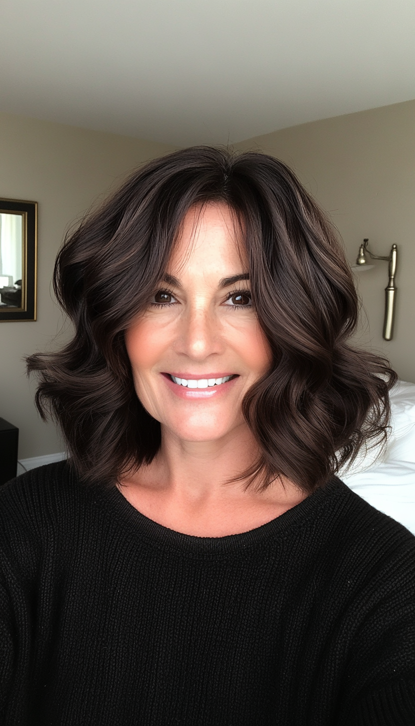 3. Wavy Shoulder-Length Cut in Dark Espresso (Hairstyles For Women Over 50 With Thick Hair) - Hairstyles For Women Over 50 With Thick Hair