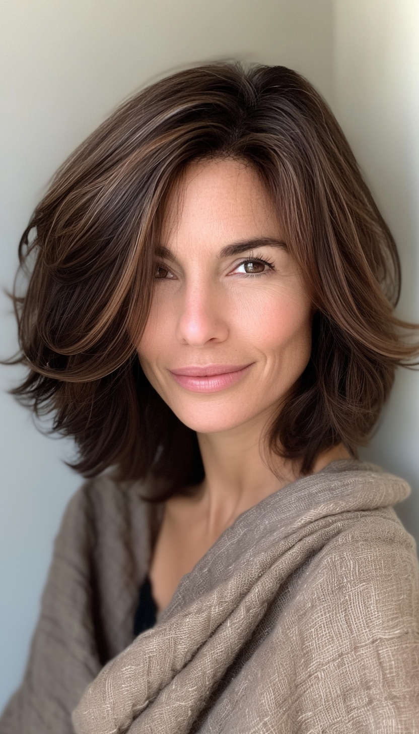 7. Rounded Bob with Side Bangs in Medium Brown (Hairstyles For Women Over 50 With Thick Hair) - Hairstyles For Women Over 50 With Thick Hair