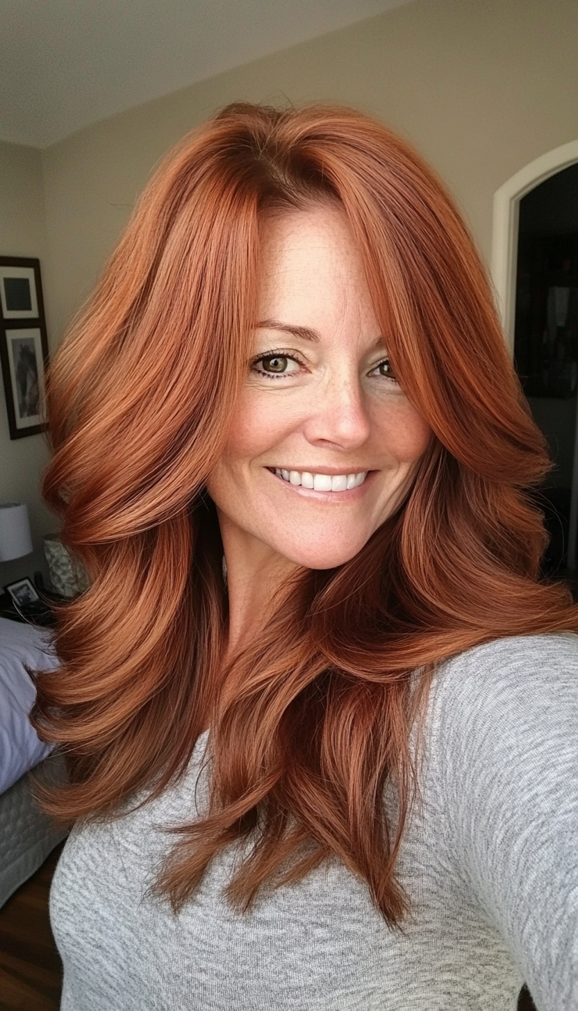 8. Elegant Mid-Length Layers in Deep Auburn (Hairstyles For Women Over 50 With Thick Hair) - Hairstyles For Women Over 50 With Thick Hair