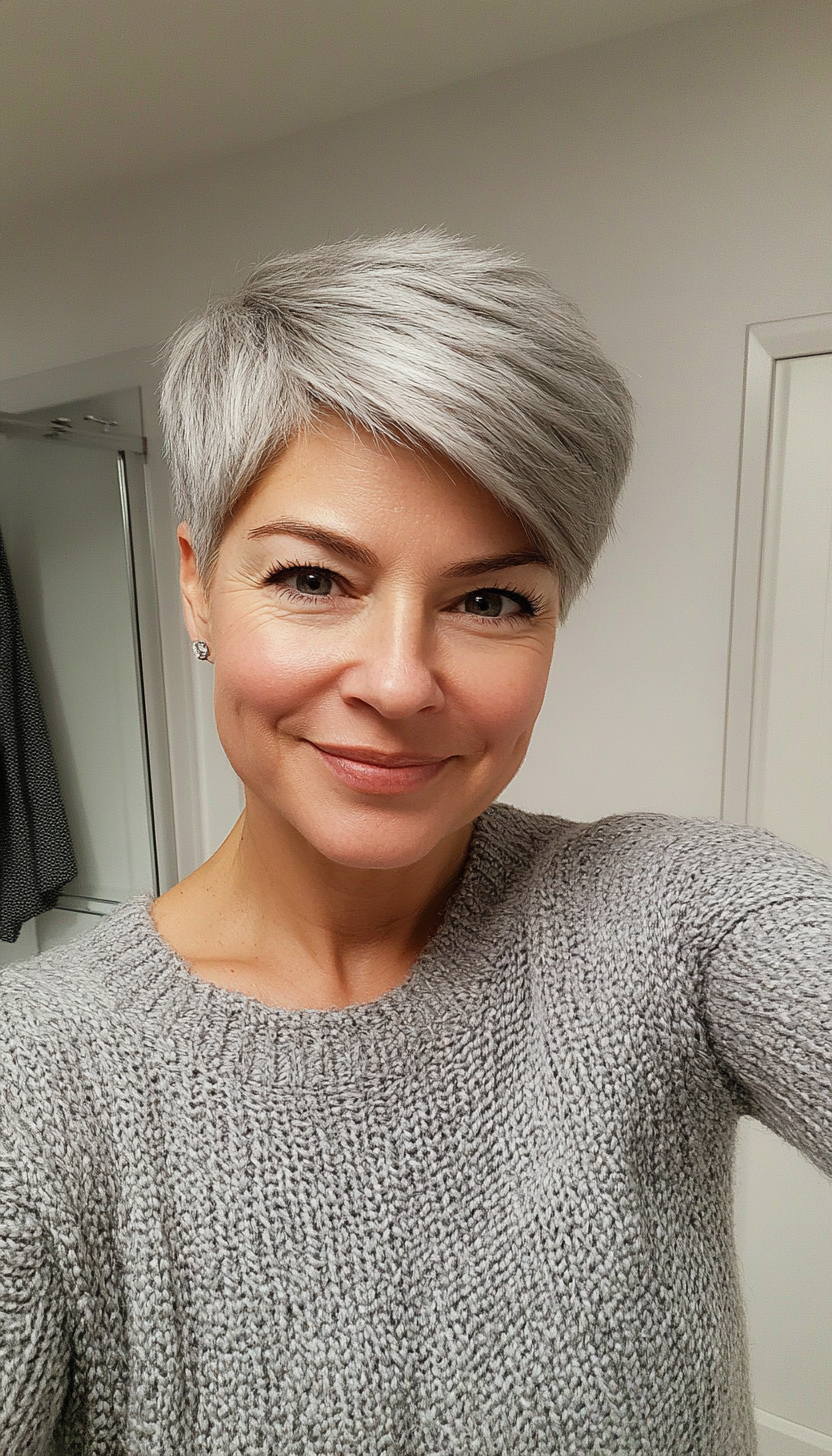 9. Tapered Crop in Silvery Gray (Hairstyles For Women Over 50 With Thick Hair) - Hairstyles For Women Over 50 With Thick Hair