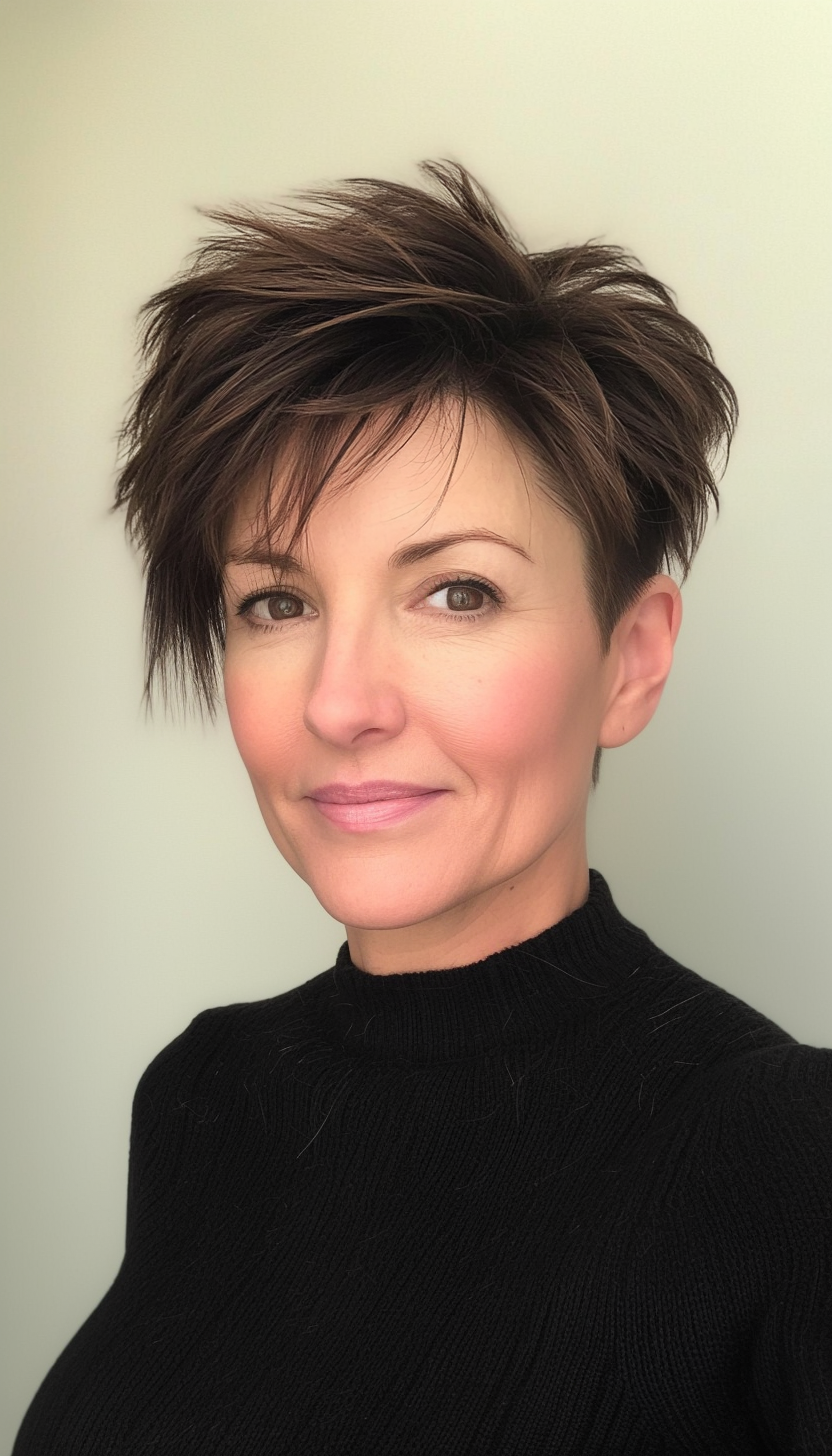 11. Edgy Razor Cut Pixie in Dark Brown (Hairstyles For Women Over 50 With Thick Hair) - Hairstyles For Women Over 50 With Thick Hair