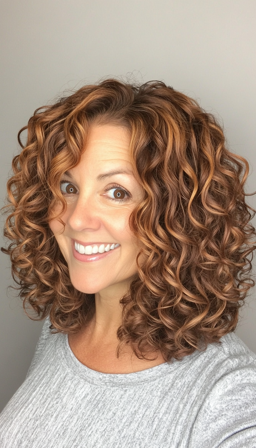 13. Curly Bob in Warm Caramel Brown (Hairstyles For Women Over 50 With Thick Hair) - Hairstyles For Women Over 50 With Thick Hair