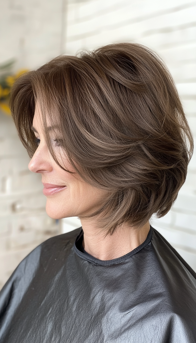 14. Swoopy Layered Bob in Cool Ash Brown (Hairstyles For Women Over 50 With Thick Hair) - Hairstyles For Women Over 50 With Thick Hair