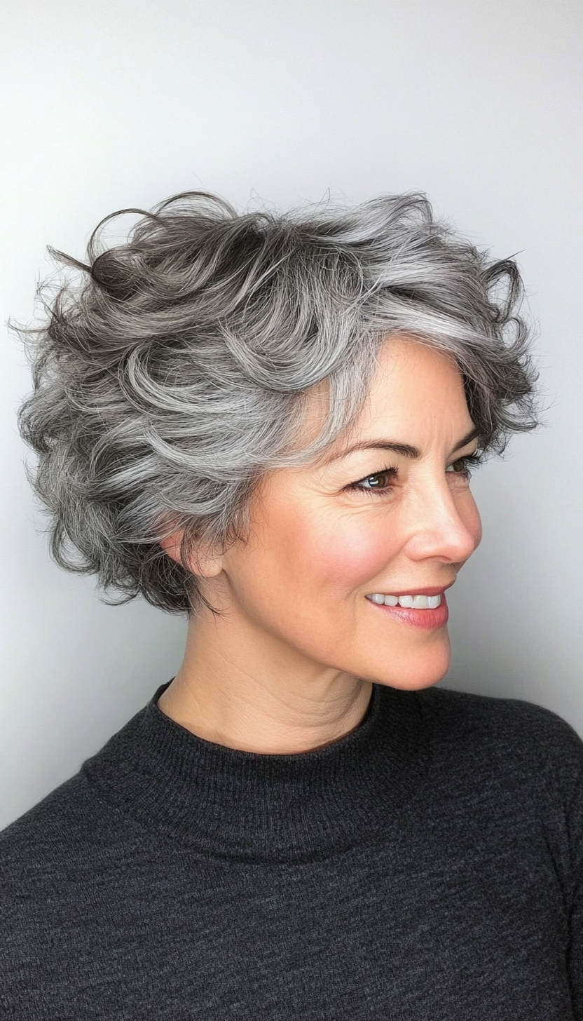 15. Voluminous Pixie with Curls in Natural Gray (Hairstyles For Women Over 50 With Thick Hair) - Hairstyles For Women Over 50 With Thick Hair