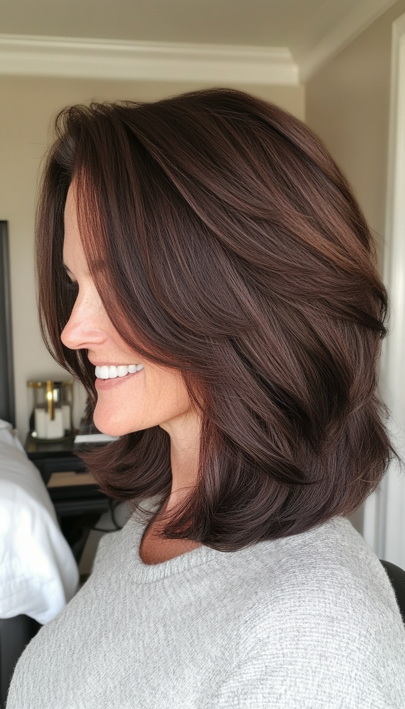 16. Choppy Shoulder-Length Layers in Dark Chocolate Brown (Hairstyles For Women Over 50 With Thick Hair) - Hairstyles For Women Over 50 With Thick Hair
