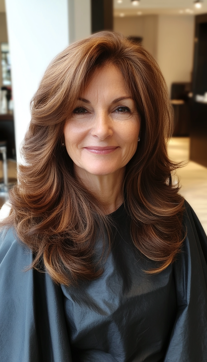 18. Side-Parted Long Layers in Mahogany Brown (Hairstyles For Women Over 50 With Thick Hair) - Hairstyles For Women Over 50 With Thick Hair