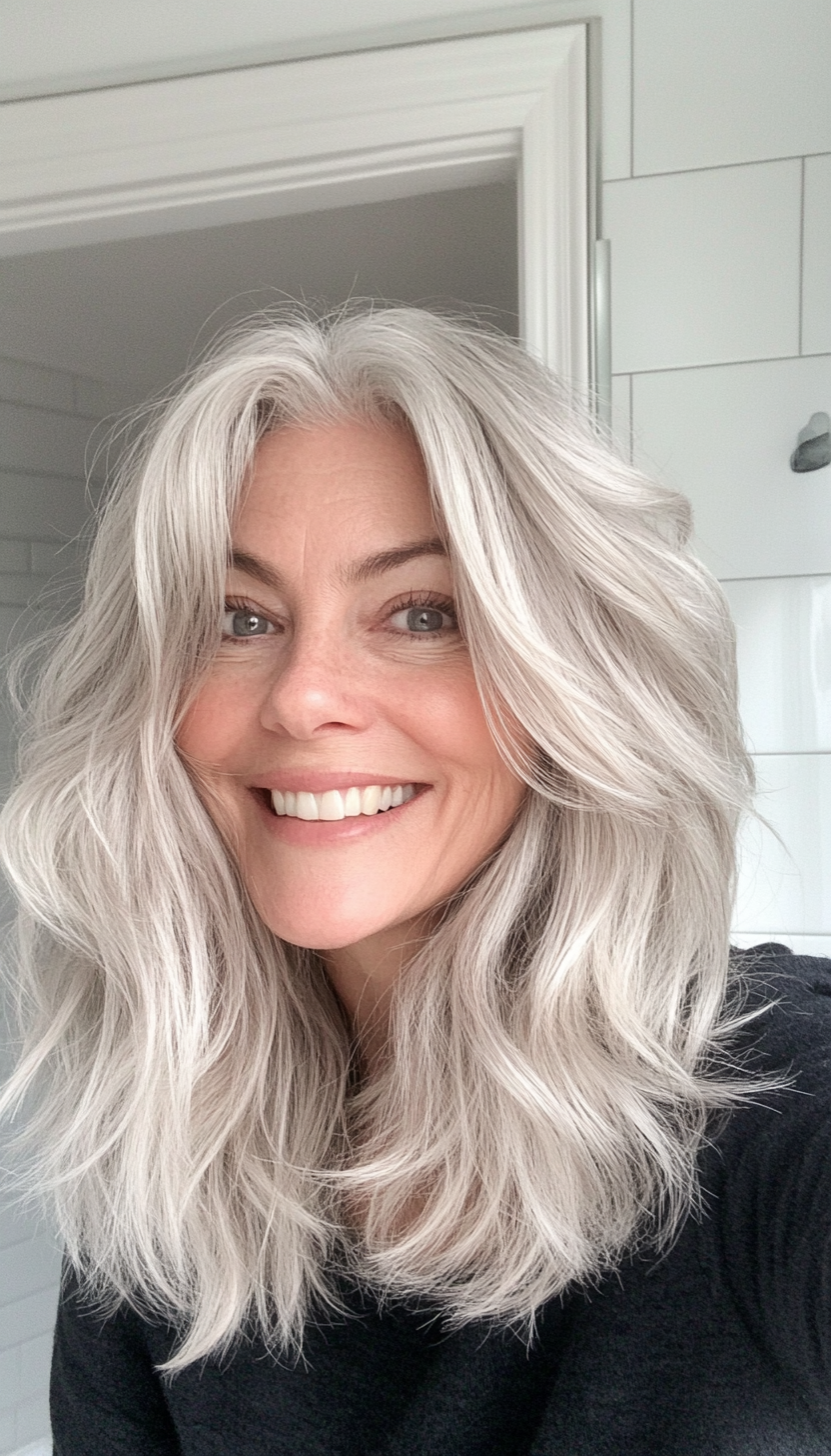 19. Messy Layered Crop in Silver Blonde (Hairstyles For Women Over 50 With Thick Hair) - Hairstyles For Women Over 50 With Thick Hair