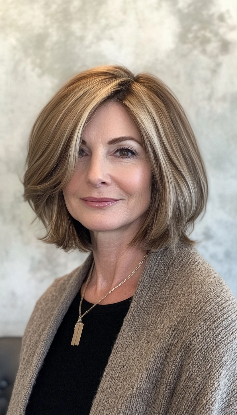 20. Angled Bob in Soft Golden Brown (Hairstyles For Women Over 50 With Thick Hair) - Hairstyles For Women Over 50 With Thick Hair