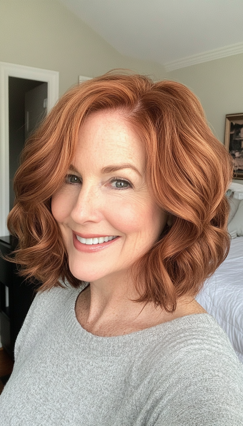 21. Chin-Length Wavy Bob in Light Copper Brown (Hairstyles For Women Over 50 With Thick Hair) - Hairstyles For Women Over 50 With Thick Hair