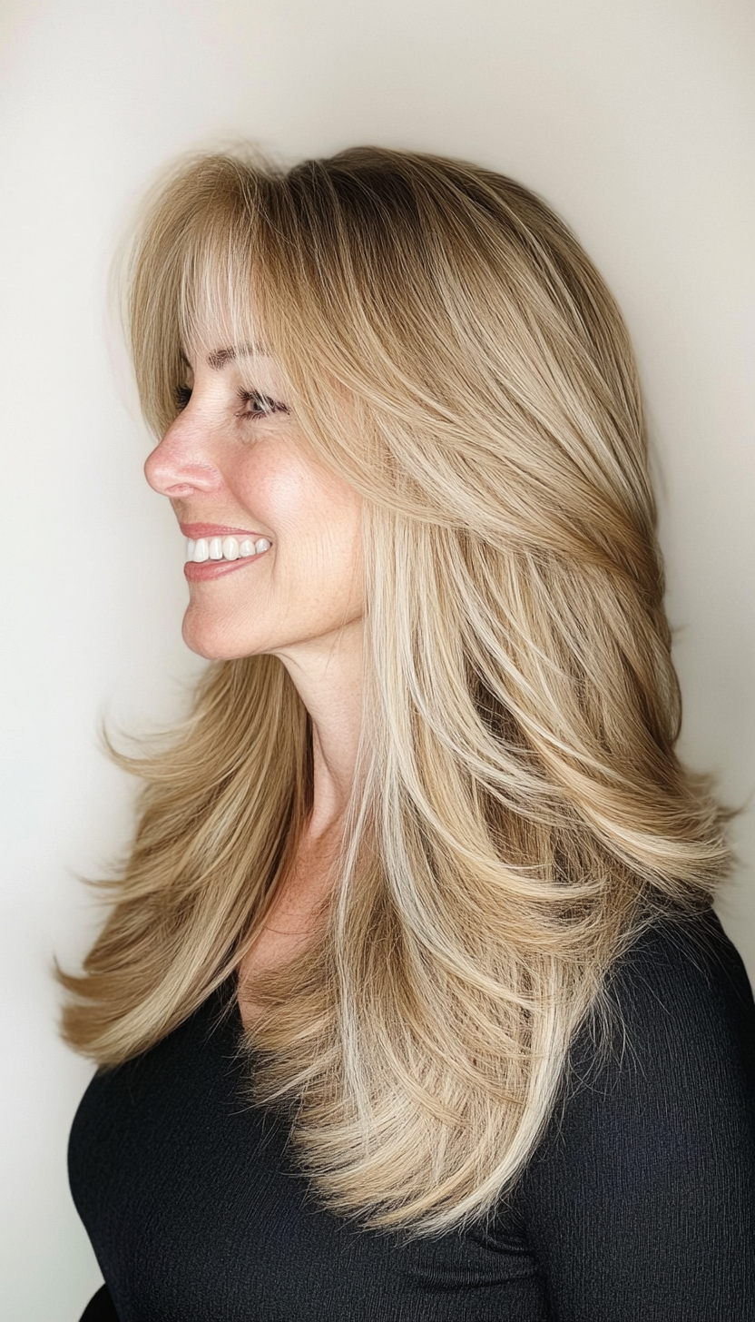 23. Wispy Bangs with Long Layers in Medium Ash Blonde (Hairstyles For Women Over 50 With Thick Hair) - Hairstyles For Women Over 50 With Thick Hair