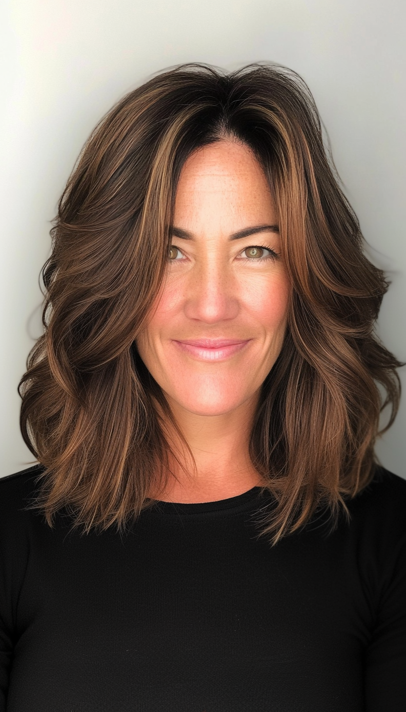 24. Tousled Mid-Length Cut in Deep Mocha Brown (Hairstyles For Women Over 50 With Thick Hair) - Hairstyles For Women Over 50 With Thick Hair