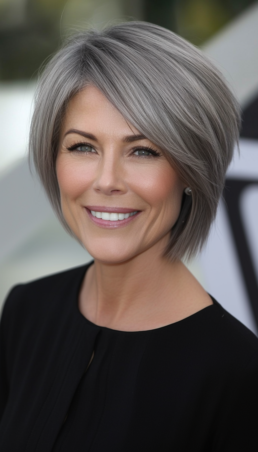 25. Elegant Side-Swept Pixie in Pearl Gray (Hairstyles For Women Over 50 With Thick Hair) - Hairstyles For Women Over 50 With Thick Hair
