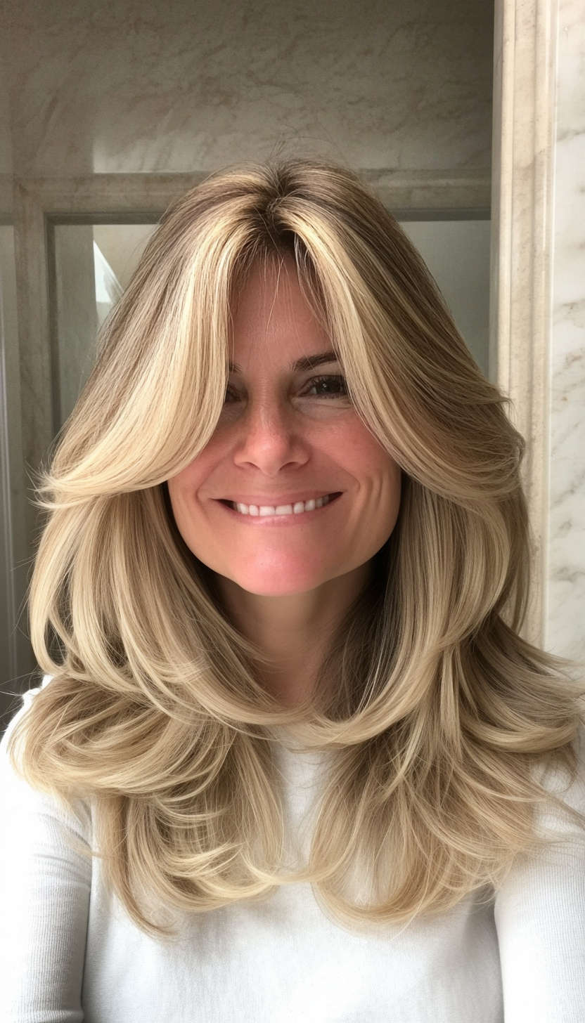 26. Curtain Bangs with Shoulder-Length Layers in Natural Dark Blonde (Hairstyles For Women Over 50 With Thick Hair) - Hairstyles For Women Over 50 With Thick Hair