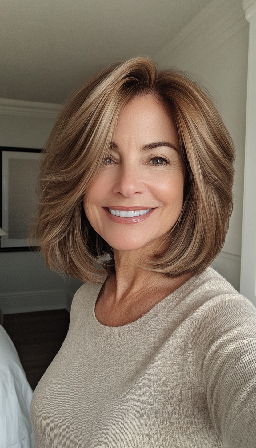 1. Soft Layered Bob with Warm Chestnut (Medium Length Haircuts For Older Women) - Medium Length Haircuts For Older Women