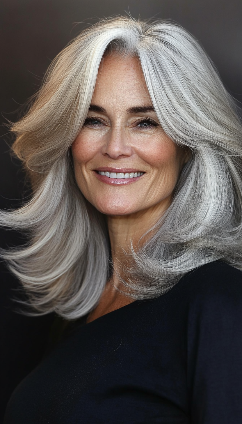 3. Feathered Midi Cut with Salt-and-Pepper Blend (Medium Length Haircuts For Older Women) - Medium Length Haircuts For Older Women