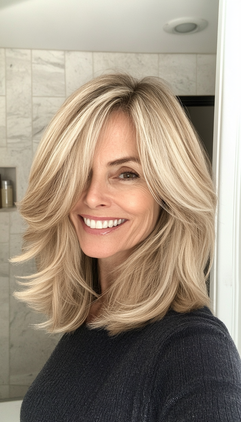 8. Layered Flip with Sandy Blonde (Medium Length Haircuts For Older Women) - Medium Length Haircuts For Older Women
