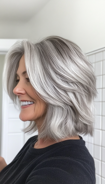9. Modern Shag with Silver Highlights (Medium Length Haircuts For Older Women) - Medium Length Haircuts For Older Women